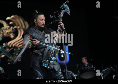 25th June 2023. Glastonbury, Somerset, UK. The Hu performing on the West Holts Stage, Glastonbury Festival 2023 Credit: Scott Gouldsbrough/Alamy Live News Stock Photo