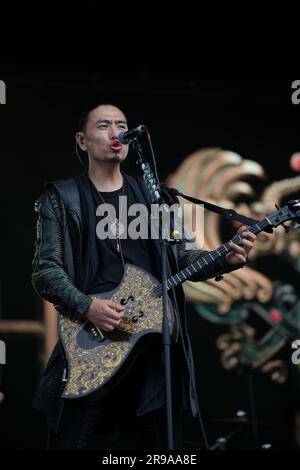 25th June 2023. Glastonbury, Somerset, UK. The Hu performing on the West Holts Stage, Glastonbury Festival 2023 Credit: Scott Gouldsbrough/Alamy Live News Stock Photo