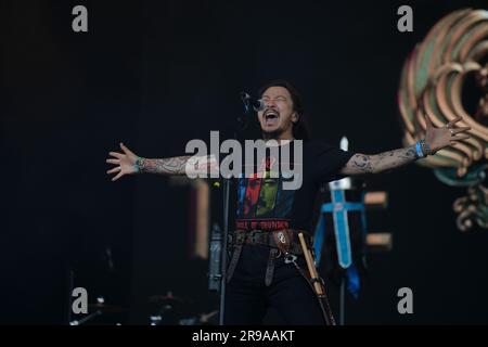 25th June 2023. Glastonbury, Somerset, UK. The Hu performing on the West Holts Stage, Glastonbury Festival 2023 Credit: Scott Gouldsbrough/Alamy Live News Stock Photo