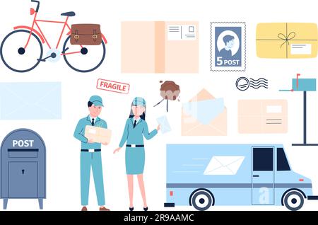 Postman characters, male female post workers in uniform. Parcels, letters and envelopes. Isolated post icons, delivery letter recent vector service Stock Vector