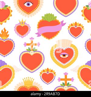 Mexican hearts seamless pattern, heart fabric print. Mexico style sacred elements background, love and flowers spiritual racy vector texture Stock Vector