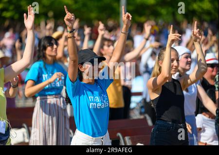 Young people dancing to Christian songs during Mladifest 2022 – the youth festival – in Medjugorje. Stock Photo