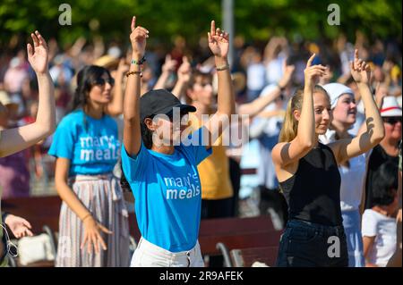 Young people dancing to Christian songs during Mladifest 2022 – the youth festival – in Medjugorje. Stock Photo