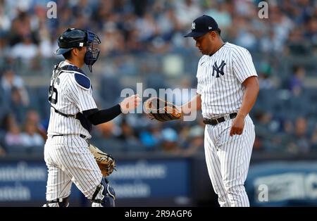 Bronx, United States. 03rd June, 2021. New York Yankees catcher Kyle  Higashioka comes to the mound to talk to starting pitcher Gerrit Cole in  the 5th inning against the Tampa Bay Rays