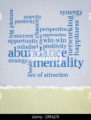 abundance mentality, law of attraction and positive mindset word cloud on an art paper Stock Photo