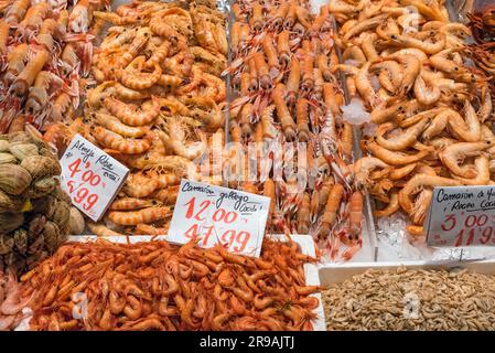 Different types of shrimp at a market in Madrid, Spain Stock Photo