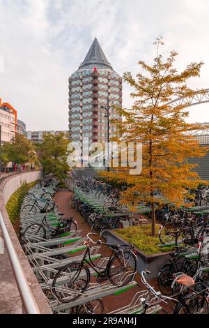 Rotterdam, NL - OCT 10, 2021: The Blaaktoren is a residential tower on the Binnenrotte near the Blaak in Rotterdam. The building is nicknamed The Penc Stock Photo