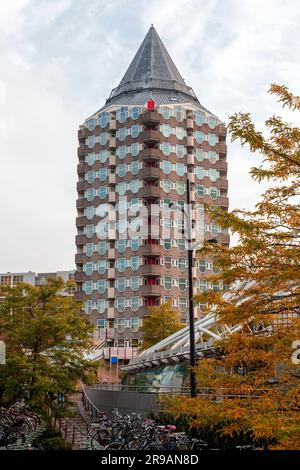 Rotterdam, NL - OCT 10, 2021: The Blaaktoren is a residential tower on the Binnenrotte near the Blaak in Rotterdam. The building is nicknamed The Penc Stock Photo