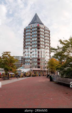 Rotterdam, NL - OCT 10, 2021: The Blaaktoren is a residential tower on the Binnenrotte near the Blaak in Rotterdam. The building is nicknamed The Penc Stock Photo