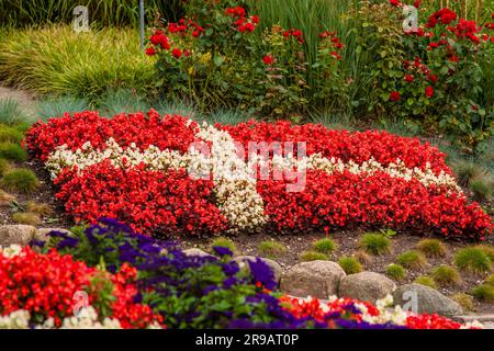 Flower garden with red and white flowers illustrating the danish flag Stock Photo