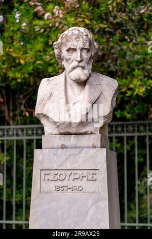 Athens, Greece - 24 Nov 2021: Stone bust of Georgios Souris who was a Greek satirical poet, and journalist. He was nominated for a Nobel Prize in Lite Stock Photo