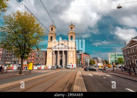 Amsterdam, NL - OCT 12, 2021: The Moses and Aaron Church, in the Waterlooplein neighborhood of Amsterdam, the Netherlands. Stock Photo