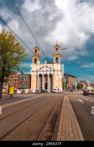 Amsterdam, NL - OCT 12, 2021: The Moses and Aaron Church, in the Waterlooplein neighborhood of Amsterdam, the Netherlands. Stock Photo