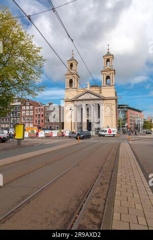 Amsterdam, NL - OCT 12, 2021: The Moses and Aaron Church, in the Waterlooplein neighborhood of Amsterdam, the Netherlands. Stock Photo