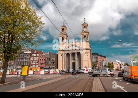 Amsterdam, NL - OCT 12, 2021: The Moses and Aaron Church, in the Waterlooplein neighborhood of Amsterdam, the Netherlands. Stock Photo