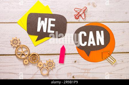 Man jumping on I can do it or I can't do it text over cliff on sunset background,Business concept idea Stock Photo
