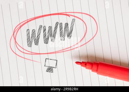 WWW text on linear paper with a computer sketch Stock Photo