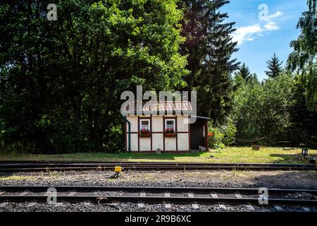 Small house close to a railroad with red flowers under the windows in the summer Stock Photo