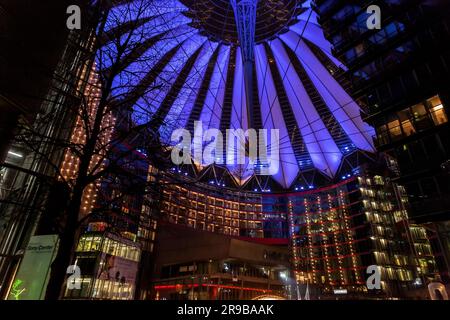 Berlin, Germany - 15 DEC 2021: The Sony Center is a Sony-sponsored complex of eight buildings located at the Potsdamer Platz in Berlin, designed by He Stock Photo
