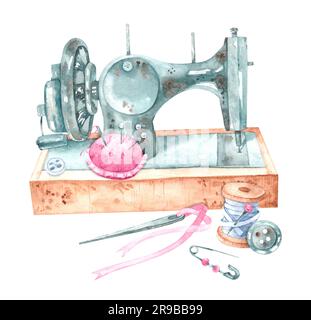 Watercolor Illustration Of A Set Of Knitting Tools. Knitting Needles, Hook,  Ball Of Thread, Centimeter, Scissors. DIY Tools For Needlework, Creativity.  Isolated Over White. Drawn By Hand. Royalty Free SVG, Cliparts, Vectors