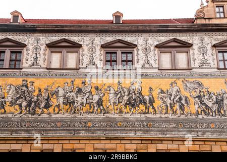 Fuerstenzug, a porcelain mural depicting the saxon emperors in Augustusstrasse, Altstadt Dresden, Germany. Stock Photo