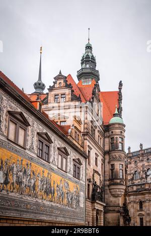 Fuerstenzug, a porcelain mural depicting the saxon emperors in Augustusstrasse, Altstadt Dresden, Germany. Stock Photo