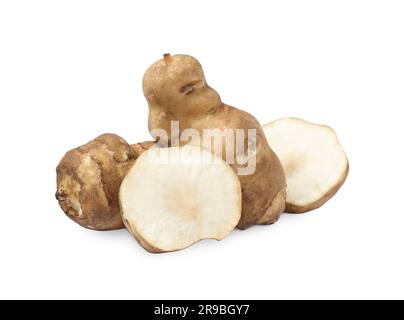 Cut Jerusalem artichokes isolated on white. Exotic food Stock Photo - Alamy