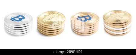 Collage with stacked bitcoins on white background Stock Photo