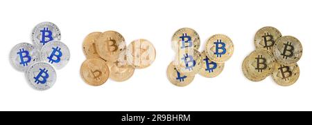 Collage with different bitcoins on white background, top view Stock Photo