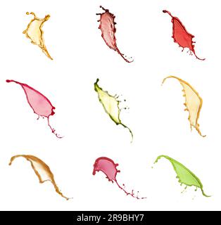 Collage with splashes of different juices isolated on white Stock Photo