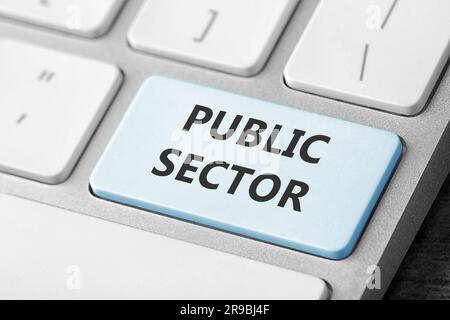 Light blue button with text Public Sector on computer keyboard, closeup Stock Photo