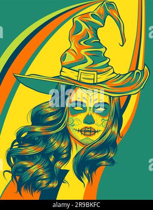 beautiful witch in a classic hat and coloured hair Stock Vector