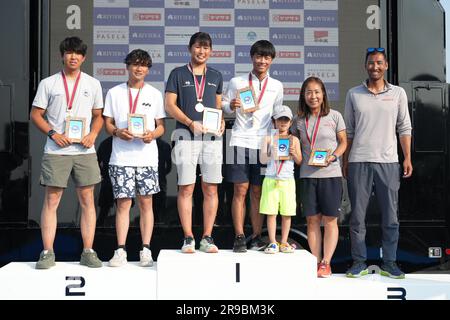 Kanagawa, Japan. 25th June, 2023. (L-R) Gaio Koizumi Syunta Ikeda, Miho Yoshioka & Keiju Okada, Ai Yoshida & Yugo Yoshida (JPN) Sailing : ASAF CUP JSAF Enoshima Olympic Week 2023 Mixed 470 Award Ceremony in Kanagawa, Japan . Credit: AFLO SPORT/Alamy Live News Stock Photo