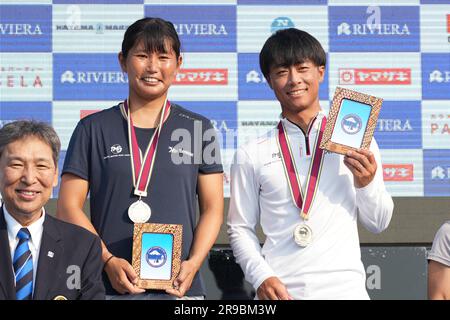 Kanagawa, Japan. 25th June, 2023. Miho Yoshioka & Keiju Okada (JPN) Sailing : ASAF CUP JSAF Enoshima Olympic Week 2023 Mixed 470 Award Ceremony in Kanagawa, Japan . Credit: AFLO SPORT/Alamy Live News Stock Photo