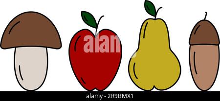 Set of 4 seasonal fruits Mushroom, apple, pear and acorn in trendy shades. Thanksgiving day. Vector. EPS. Sticker. Icon. Isolate. Design for poster, banner, brochure or pattern, cards, wrapping, label Stock Vector