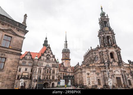 Dresden, Germany - December 19, 2021: Exterior view of the Cathedral of the Holy Trinity, Katolische Hofkirche in the old town of Dresden, Germany. Stock Photo