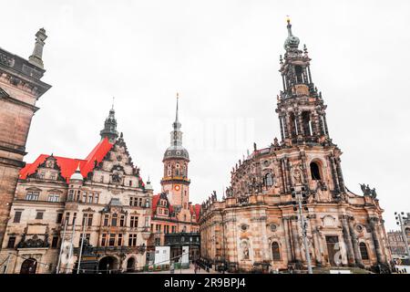 Dresden, Germany - December 19, 2021: Exterior view of the Cathedral of the Holy Trinity, Katolische Hofkirche in the old town of Dresden, Germany. Stock Photo