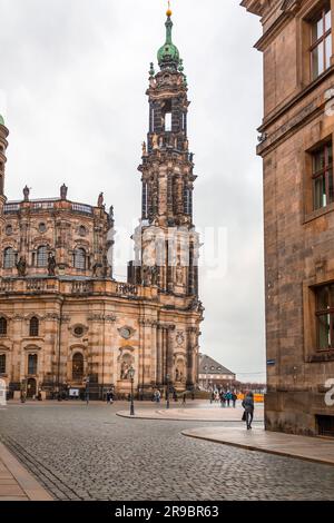 Dresden, Germany - December 19, 2021: Exterior view of the Cathedral of the Holy Trinity, Katolische Hofkirche in the old town of Dresden, Germany. Stock Photo