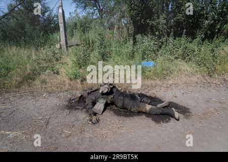 Ukraine. 20th June, 2023. (EDITORS NOTE: Image depicts death).A dead Russian soldier seen in the newly liberated village of Storozheve. As the long-awaited Ukrainian counteroffensive started, Ukrainian armed force is facing strong resistance from the Russian soldiers. Despite they have liberated several villages including Neskuchne, Storozheve, Blahodatne in the southeast Donetsk region, the counteroffensive remains slow. (Credit Image: © Ashley Chan/SOPA Images via ZUMA Press Wire) EDITORIAL USAGE ONLY! Not for Commercial USAGE! Stock Photo