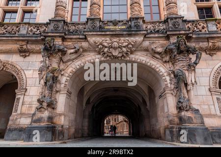 Dresden, Germany - December 19, 2021: The ancient George Gate or Georgentor in the old town, Altstadt of Dresden, the capital of Saxony, Germany. Stock Photo