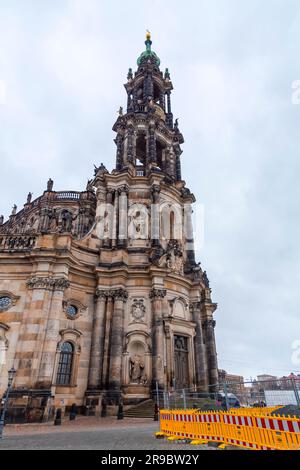 Dresden, Germany - December 19, 2021: Exterior view of the Cathedral of the Holy Trinity, Katolische Hofkirche in the old town of Dresden, Germany. Stock Photo