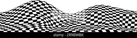 Wavy black and white checkered background. Curved warped chessboard floor pattern. Trippy undulate square texture surface. Landscape terrain concept. Vector optical illusion wallpaper. Stock Vector