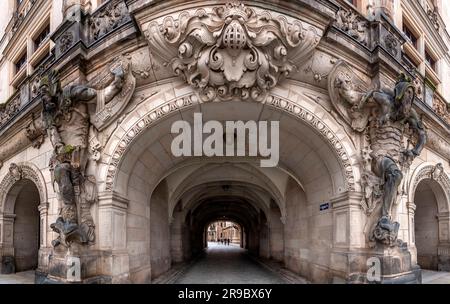 Dresden, Germany - December 19, 2021: The ancient George Gate or Georgentor in the old town, Altstadt of Dresden, the capital of Saxony, Germany. Stock Photo