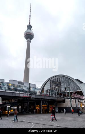 Berlin, Germany - DEC 21, 2021: Alexanderplatz is a large public square and transport hub in the central Mitte district of Berlin. Named after the Rus Stock Photo