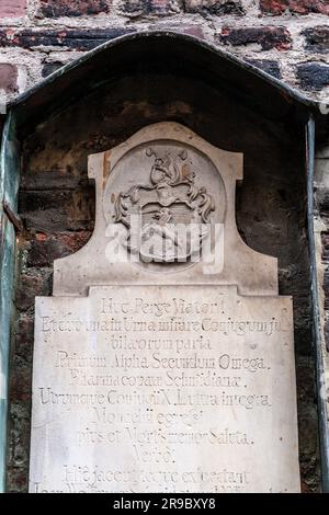 Medieval stone script and carvings on the exterior of Frauenkirche in ...