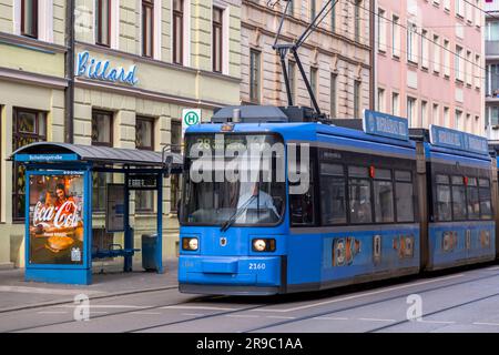 Munich, Germany - December 23, 2021: Electric light rail tram in Munich, Germany. Stock Photo