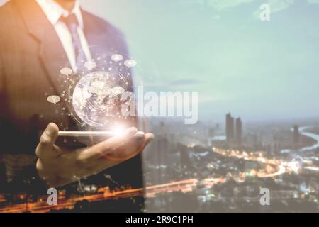 Human hand holding our planet earth glowing connection concept.Social media concept.Elements of this image furnished by NASA. Stock Photo