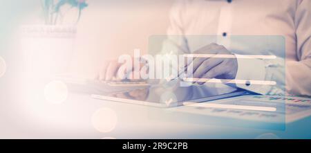 signs an electronic document with a virtual signature. Electronic document Stock Photo