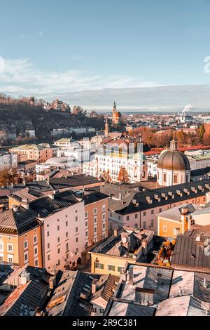 Salzburg, Austria - December 27, 2021: Cityscape view of Salzburg city from above, the capital of Salzburg state of Austria. Stock Photo