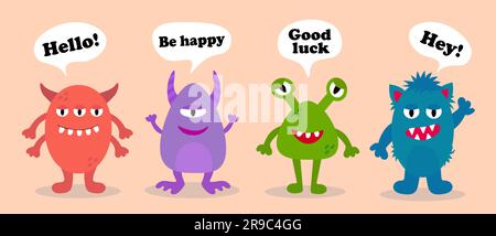 Cartoon funny monsters with text. Set of cute monsters for kids design. Be happy. Good luck. Vector flat illustration. Stock Vector